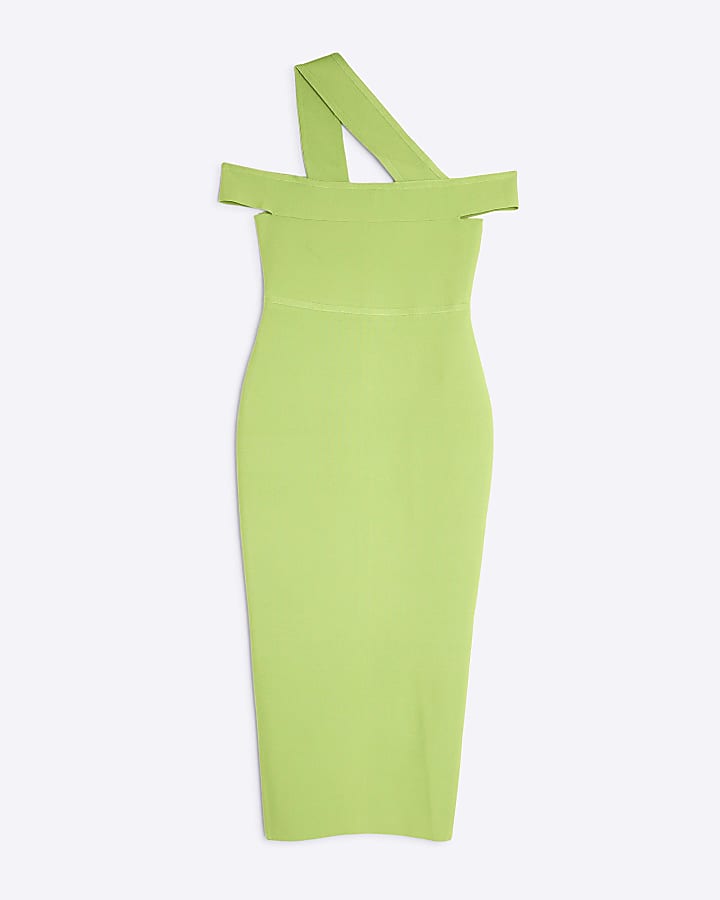 Petite Green Bardot Asymmetric Midi Dress