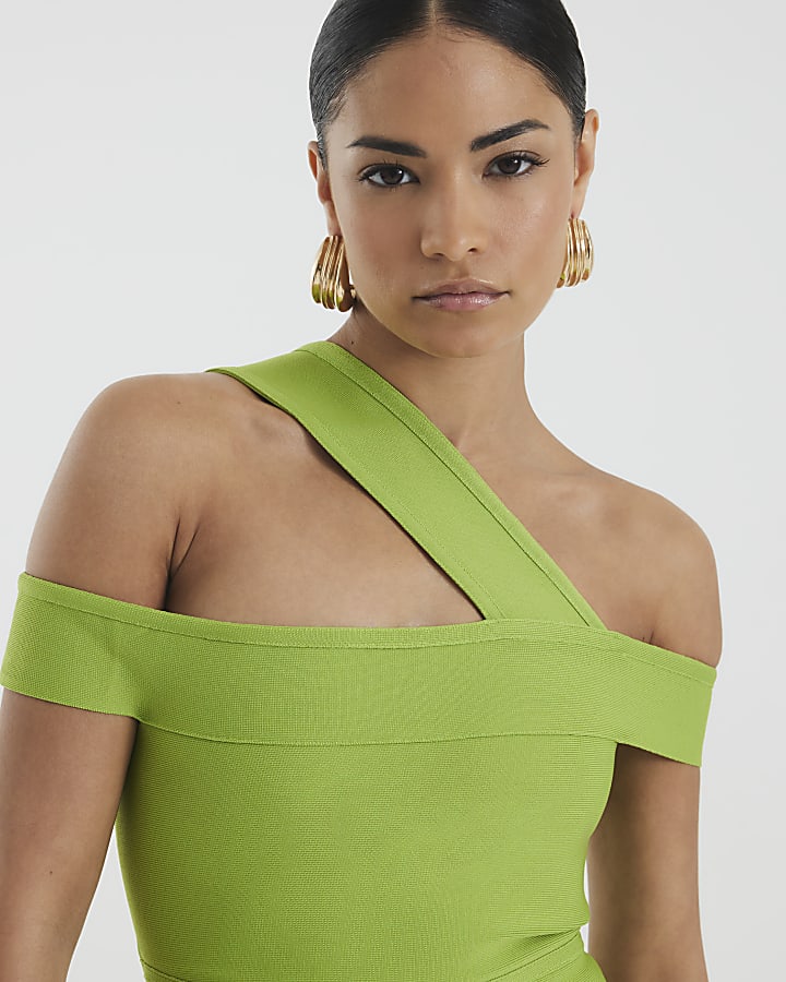 Petite Green Bardot Asymmetric Midi Dress