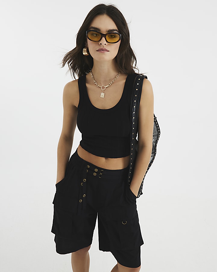Black Sleeveless Wide Ribbed Crop Top