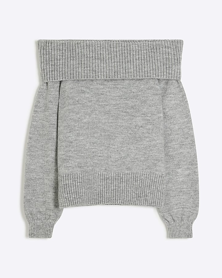 Grey Long Sleeve Bardot Knitted Top