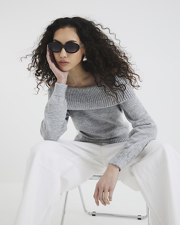 Grey Long Sleeve Bardot Knitted Top