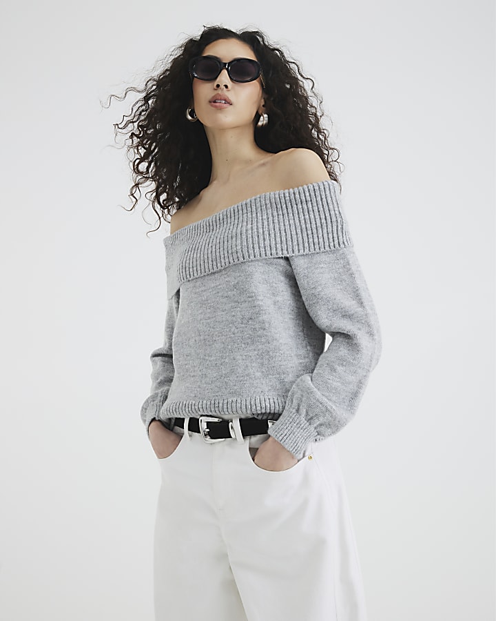 Grey Long Sleeve Bardot Knitted Top