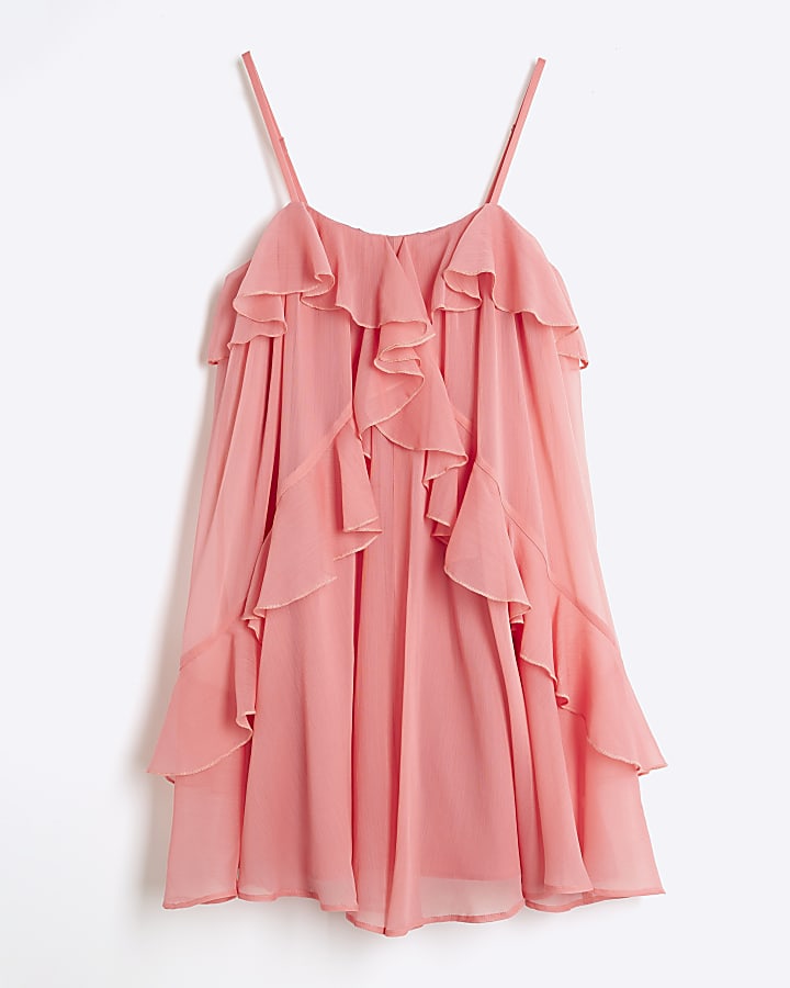 Pink Chiffon Ruffle Mini Shift Dress