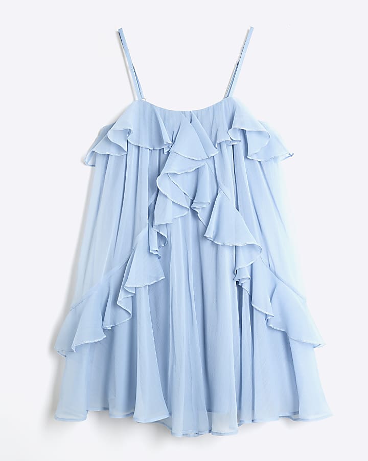 Blue Chiffon Ruffle Mini Shift Dress