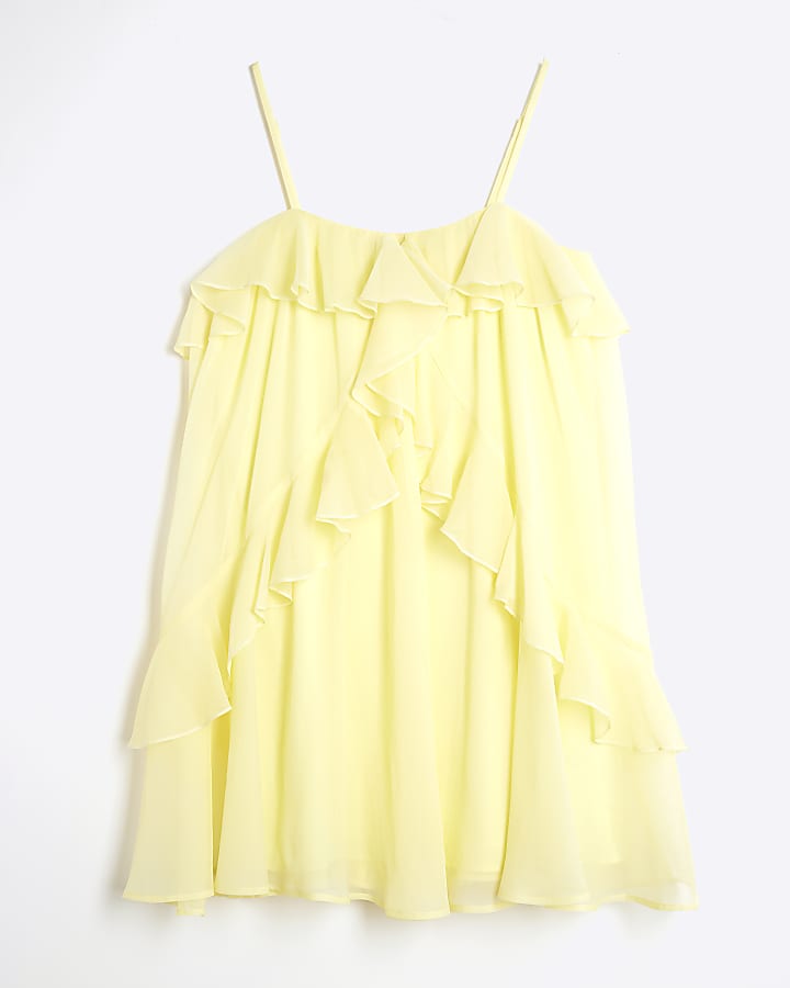 Yellow Chiffon Ruffle Mini Shift Dress