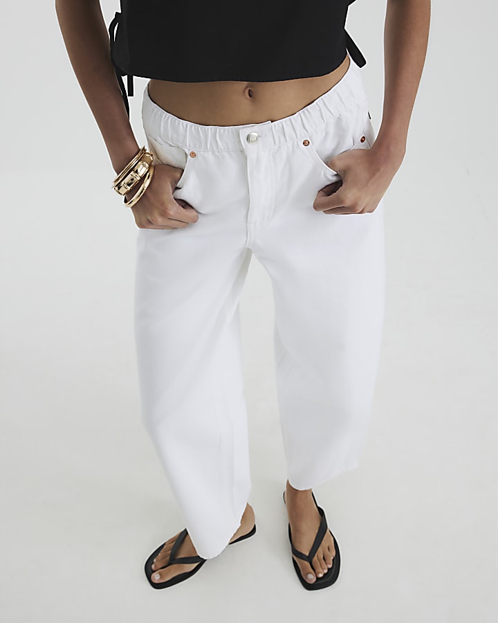 White Elasticated Barrel Leg Jeans