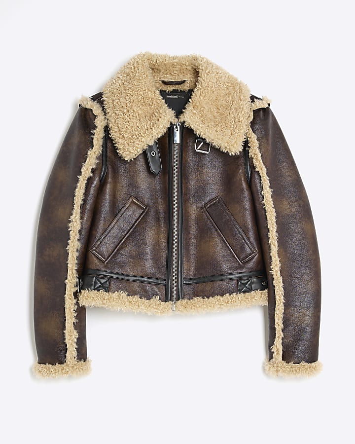 Brown Faux Shearling Seam Aviator Jacket