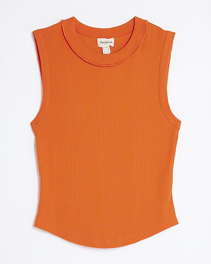 Orange Sleeveless Ribbed Tank Top