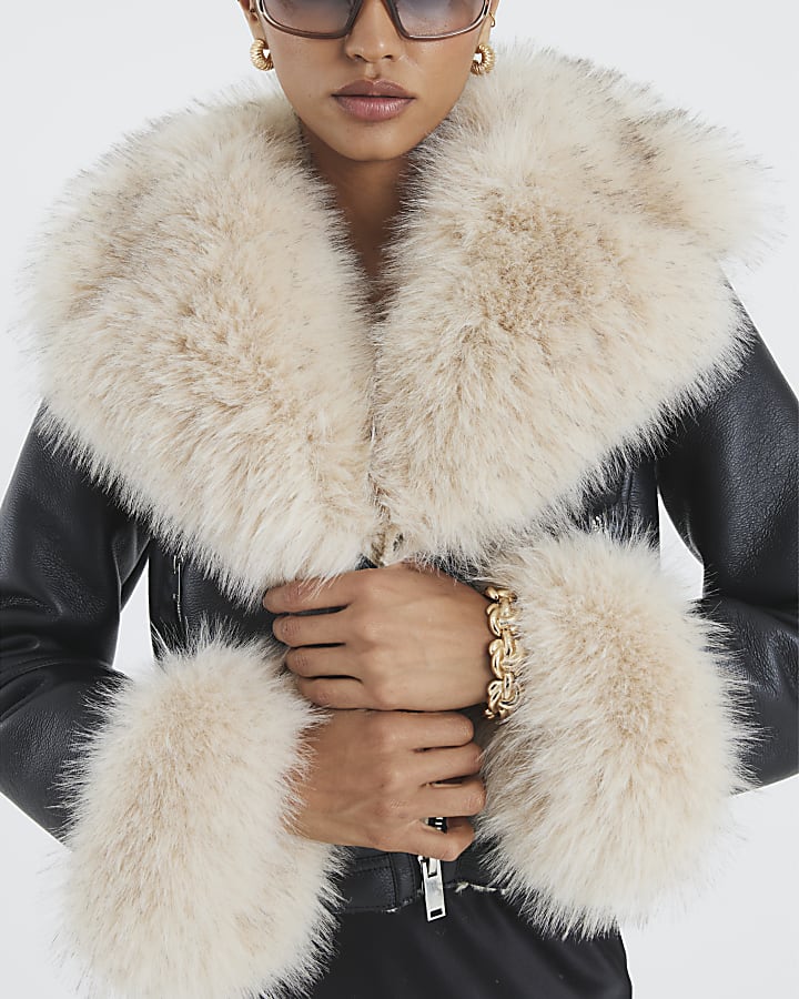 Black Faux Fur Faux Leather Biker Jacket