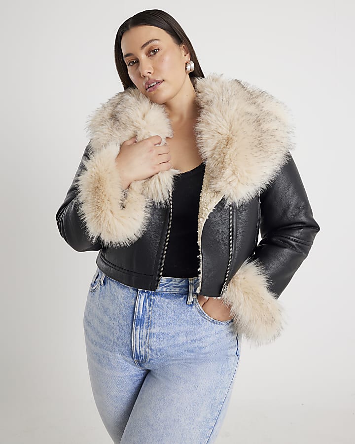 Black Faux Fur Faux Leather Biker Jacket