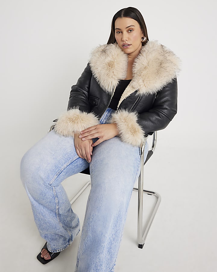 Black Faux Fur Faux Leather Biker Jacket