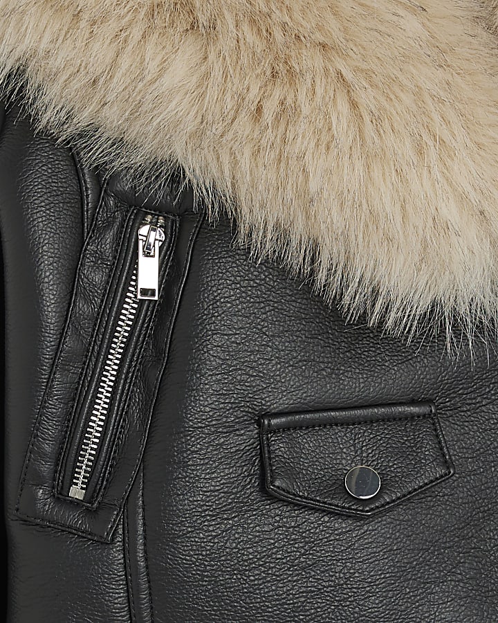 Black Faux Fur Faux Leather Biker Jacket