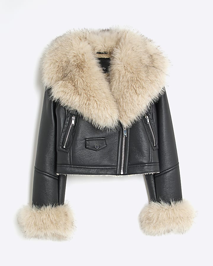Black Faux Fur Faux Leather Biker Jacket