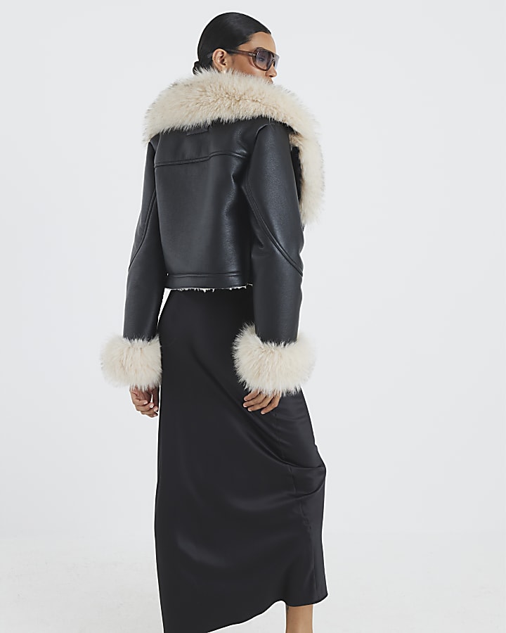 Black Faux Fur Faux Leather Biker Jacket