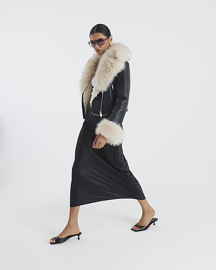Black Faux Fur Faux Leather Biker Jacket