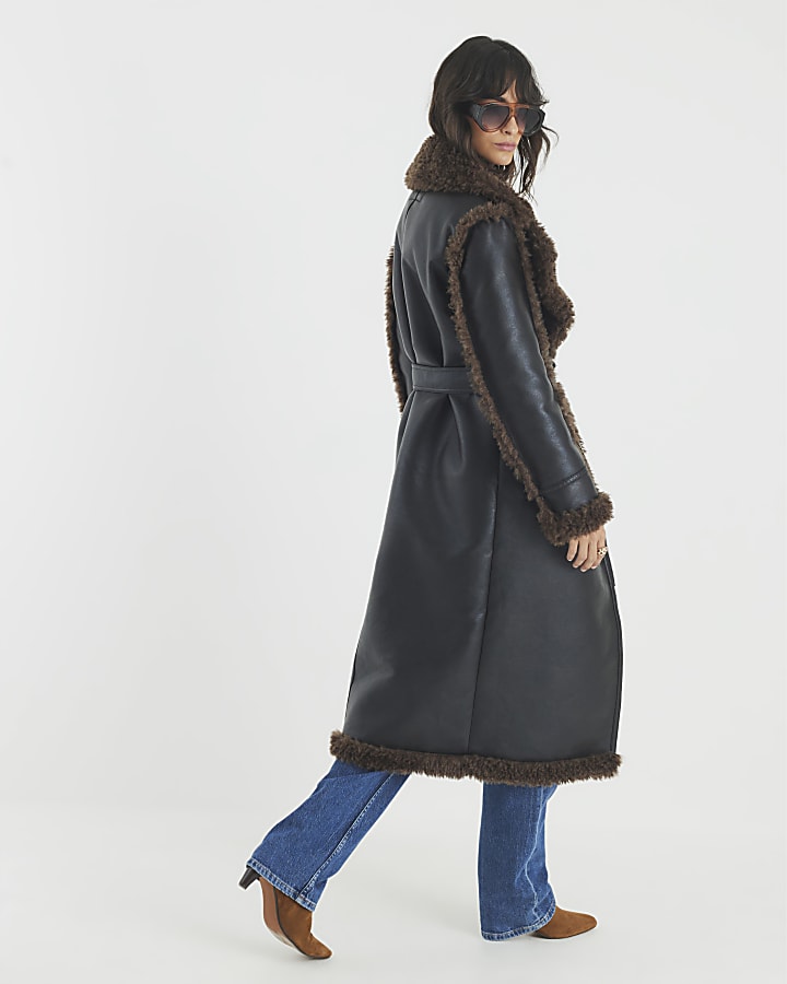 Black Faux Shearling Lined Belted Trench Coat