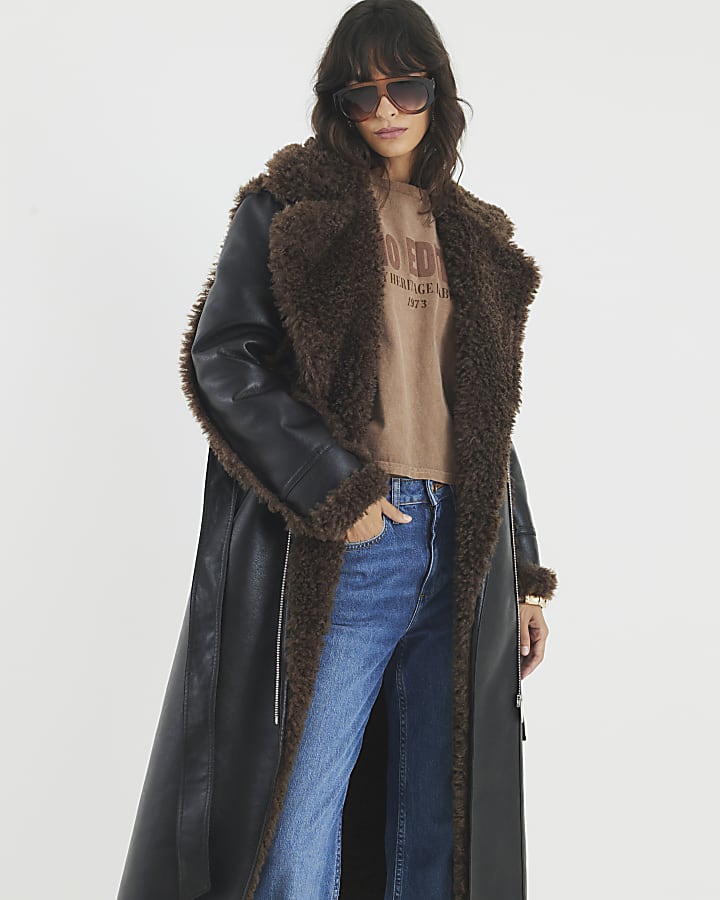 Black Faux Shearling Lined Belted Trench Coat
