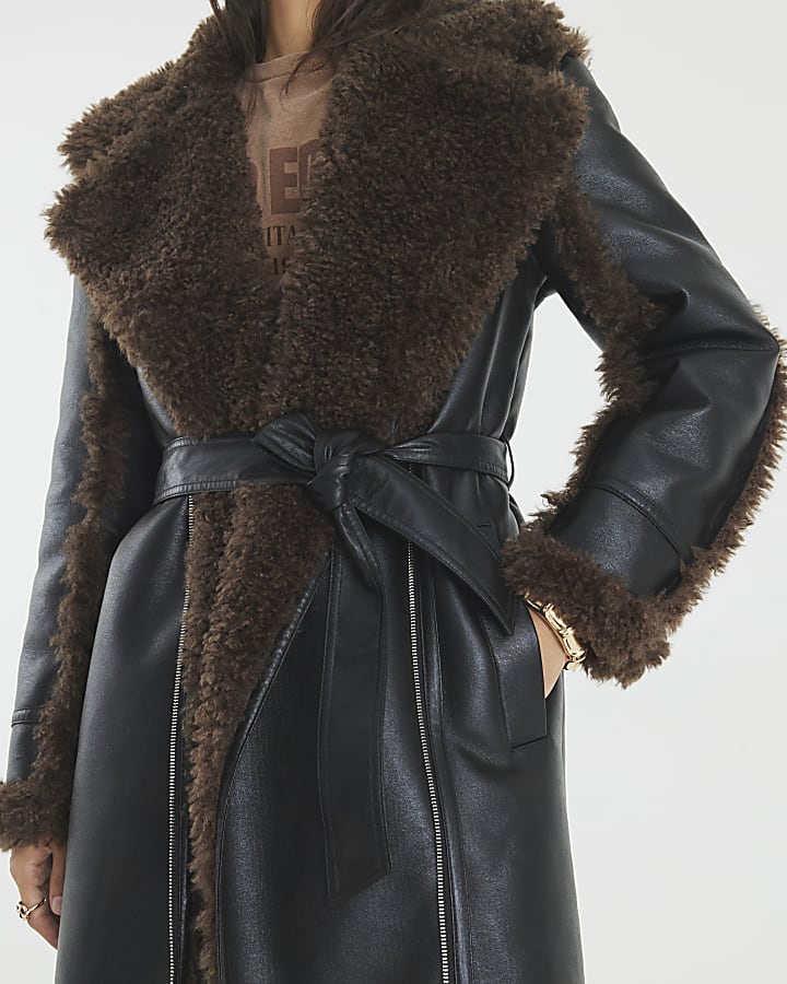 Black Faux Shearling Lined Belted Trench Coat