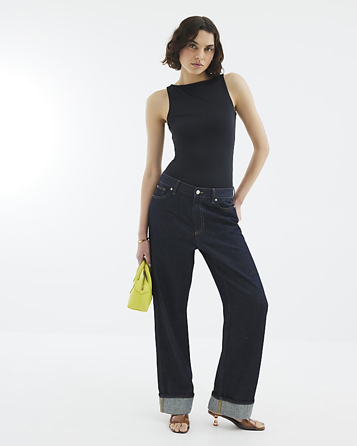 Black Sleeveless Boat Neck Top