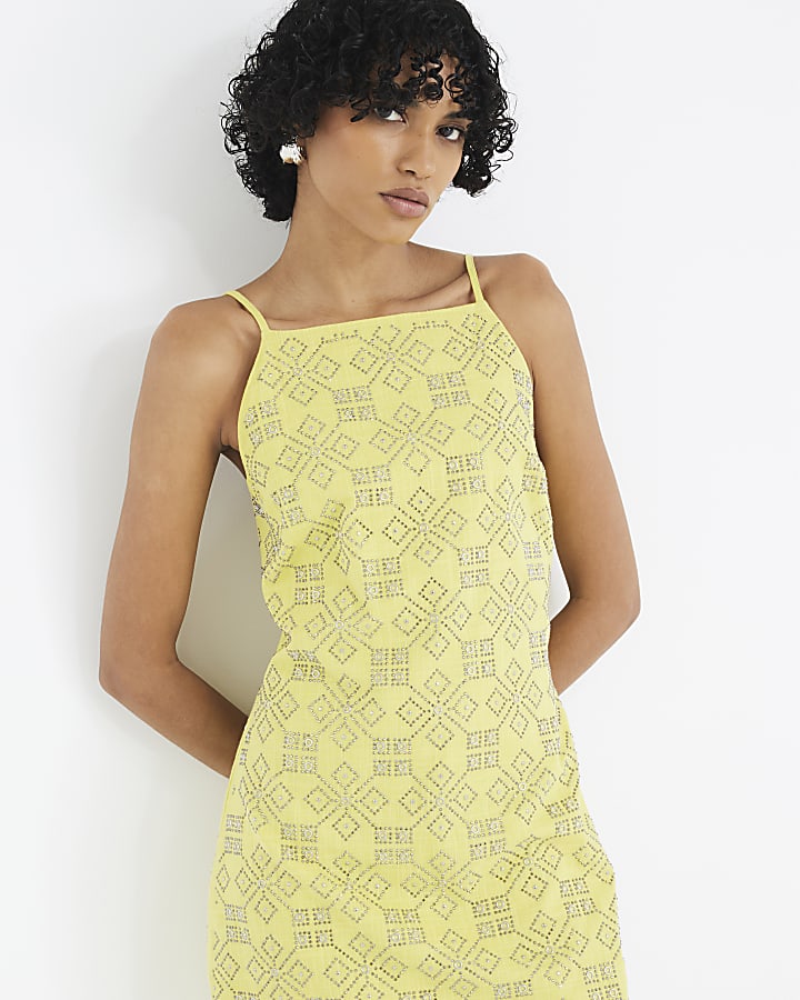 Yellow Sleeveless Embellished Mini Dress
