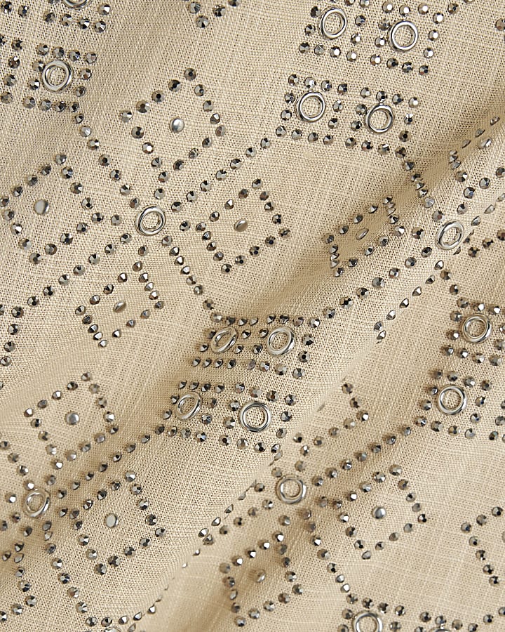 Beige Sleeveless Embellished Mini Dress