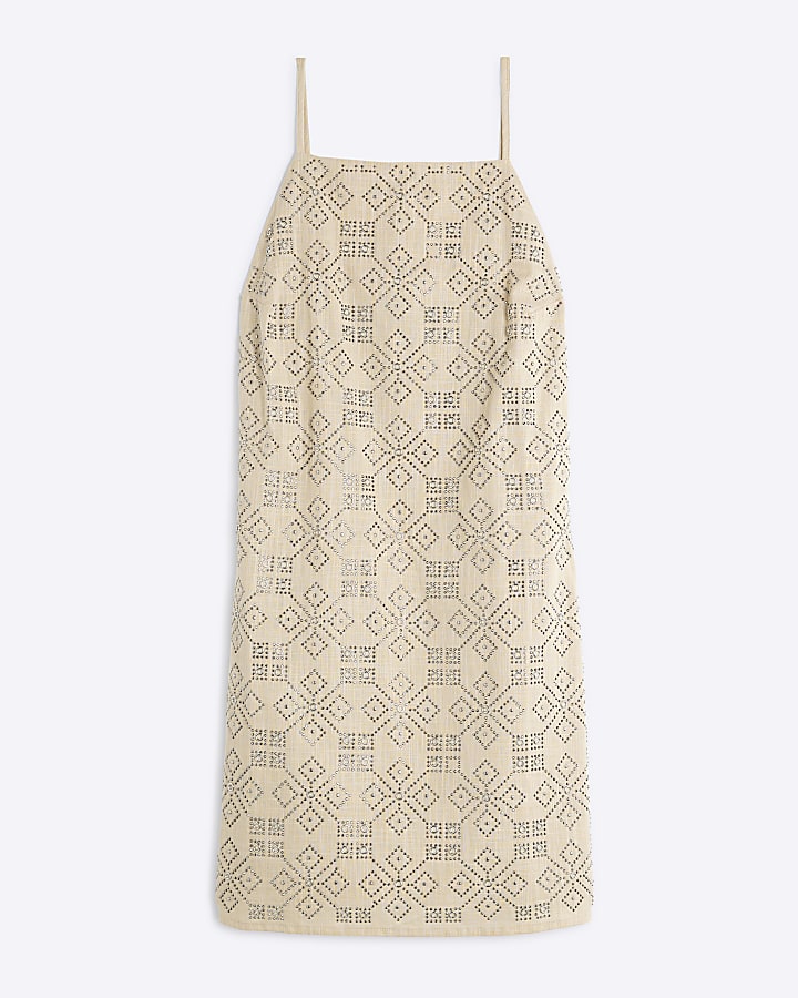 Beige Sleeveless Embellished Mini Dress