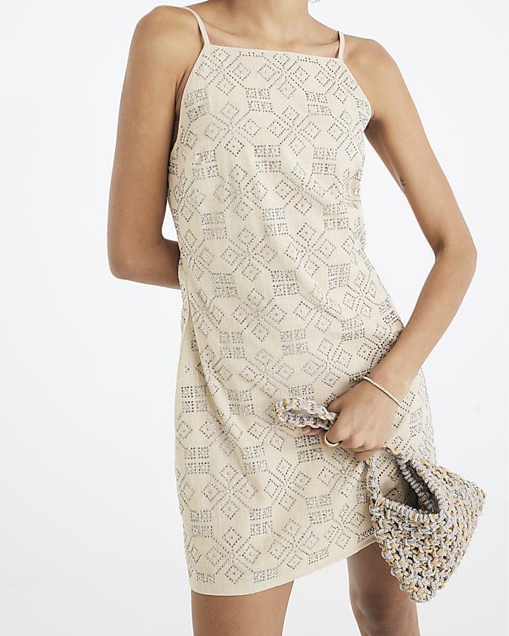 Beige Sleeveless Embellished Mini Dress
