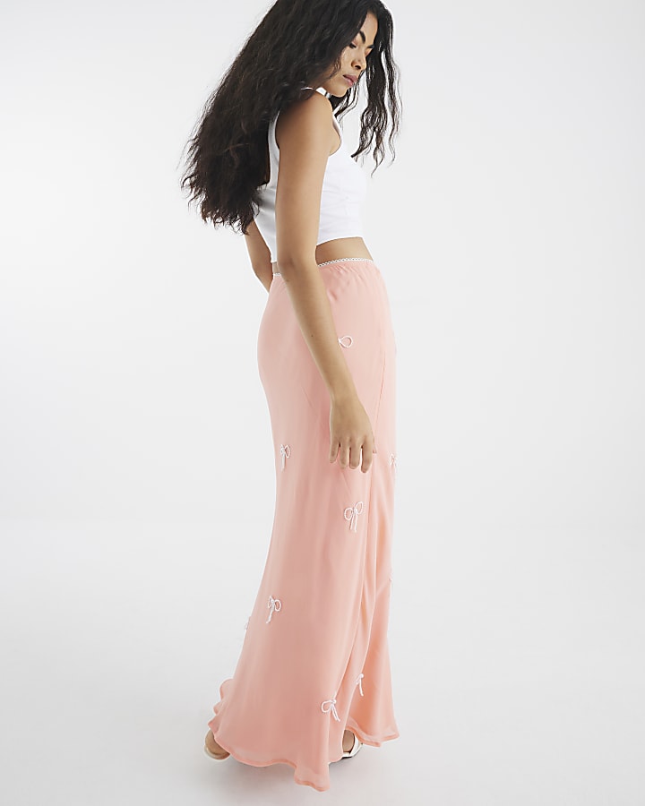Orange Bow Embellished Satin Midi Skirt