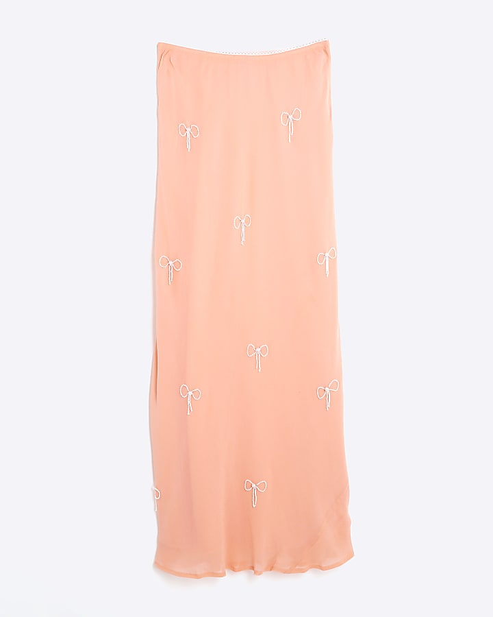 Orange Bow Embellished Satin Midi Skirt