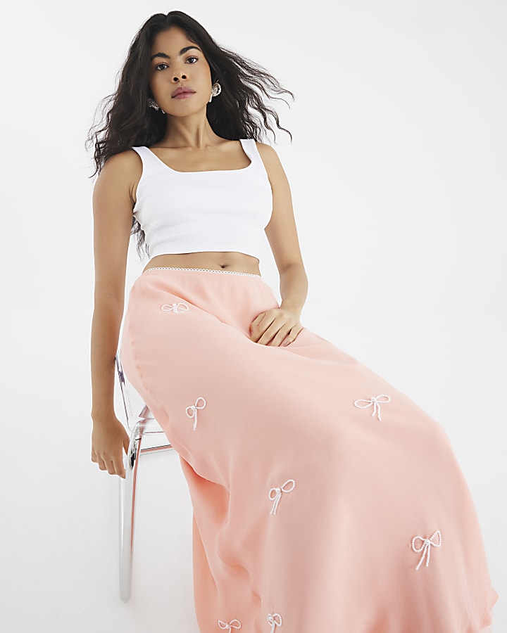 Orange Bow Embellished Satin Midi Skirt