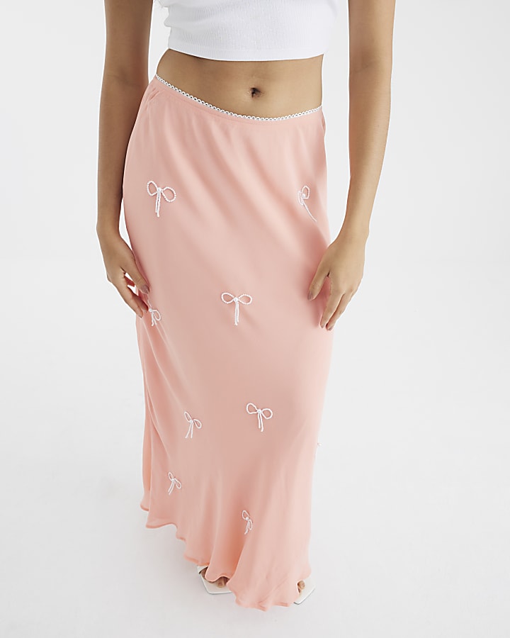 Orange Bow Embellished Satin Midi Skirt