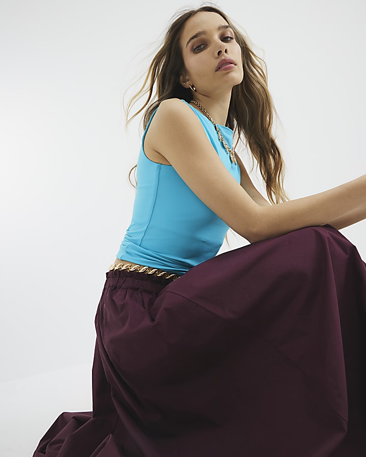 Blue Sleeveless Boat Neck Top