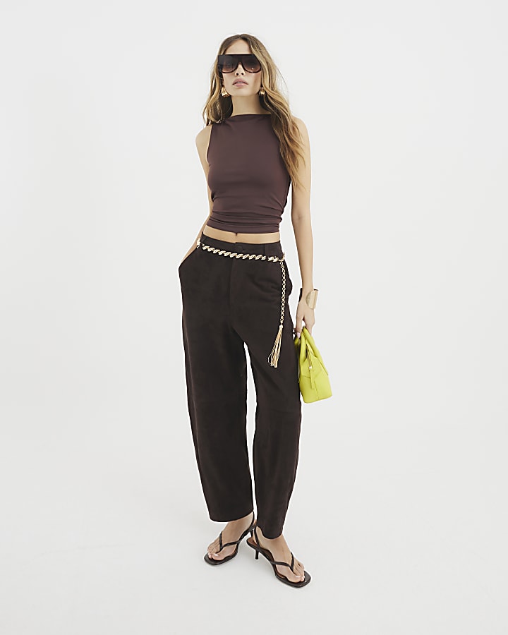 Brown Sleeveless Boat Neck Top
