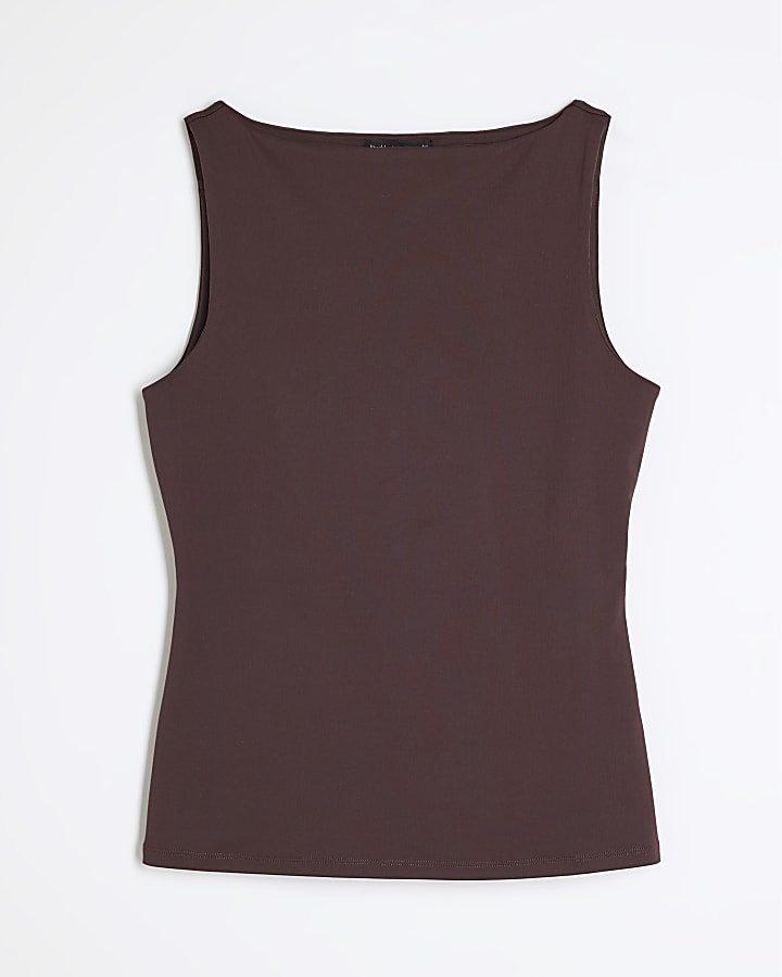 Brown Sleeveless Boat Neck Top