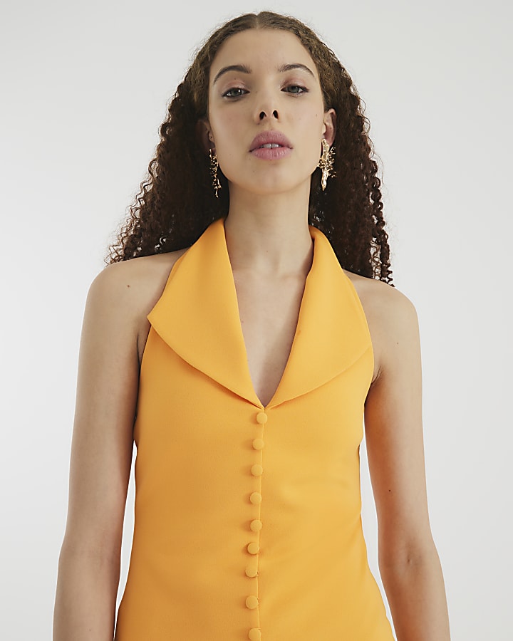 Orange Halter Neck Waistcoat Midi Dress