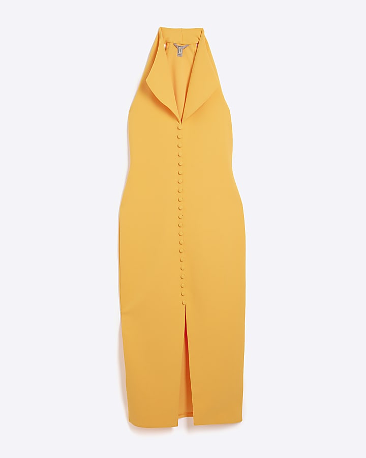 Orange Halter Neck Waistcoat Midi Dress