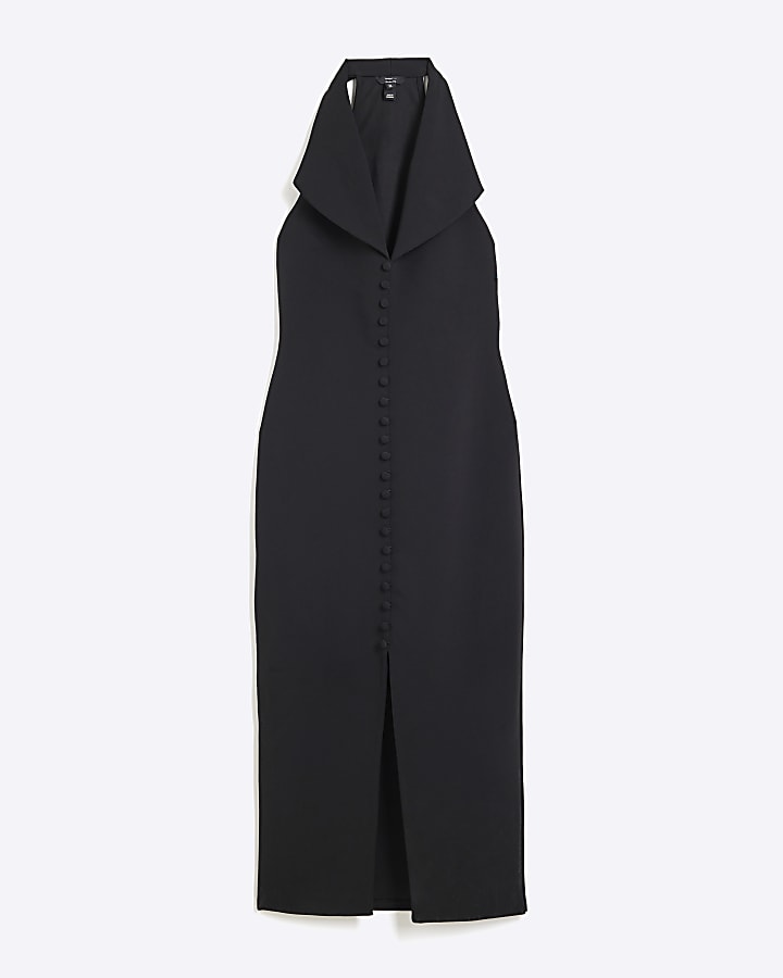 Black Halter Neck Waistcoat Midi Dress