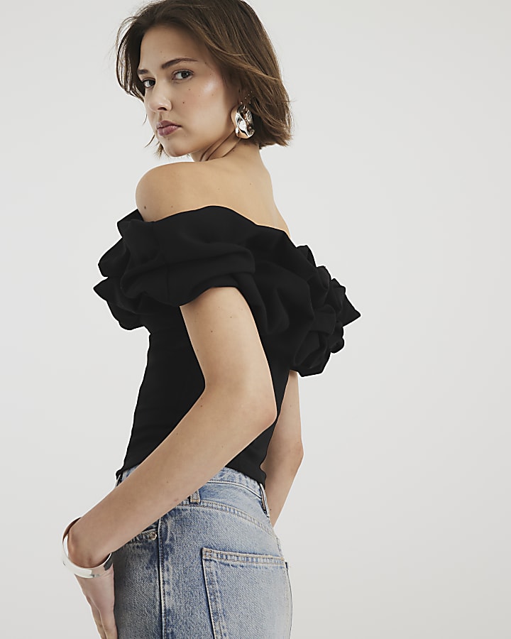 Black Short Sleeve Ruffle Bardot Top