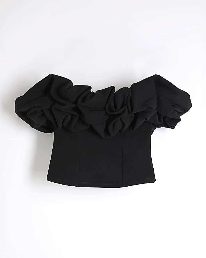 Black Short Sleeve Ruffle Bardot Top