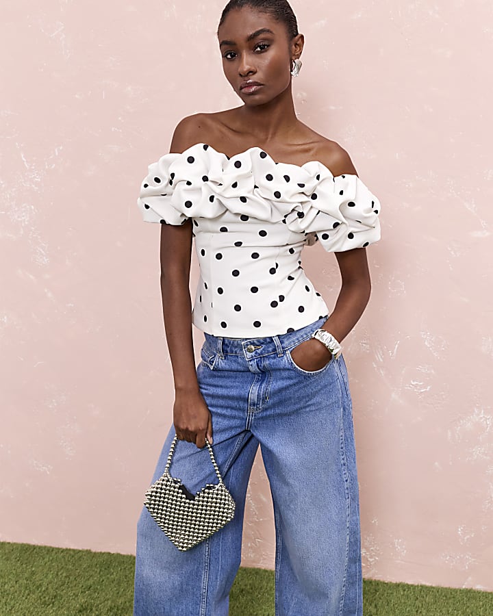 Cream Spot Print Ruffle Bardot Top