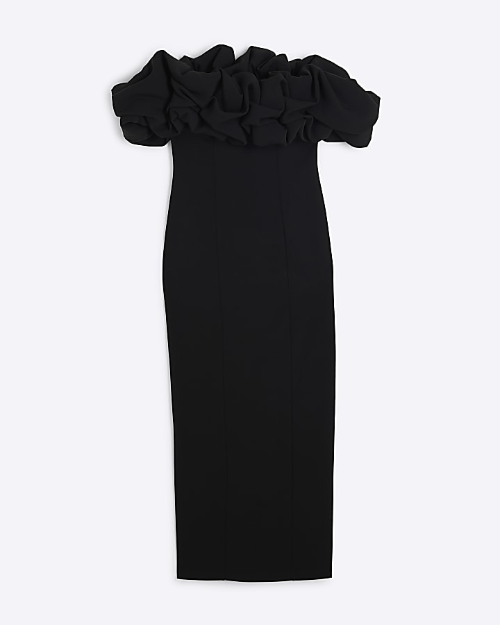 Black Ruffle Bardot Midi Dress