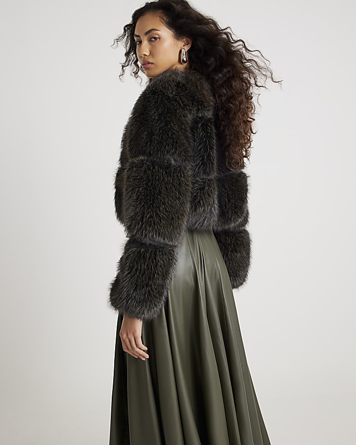 Brown Cropped Faux Fur Jacket