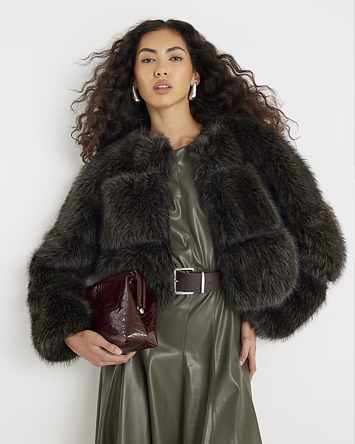 Brown Cropped Faux Fur Jacket