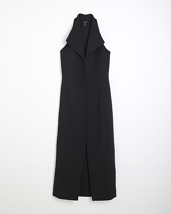 Petite Black Halter Neck Waistcoat Midi Dress