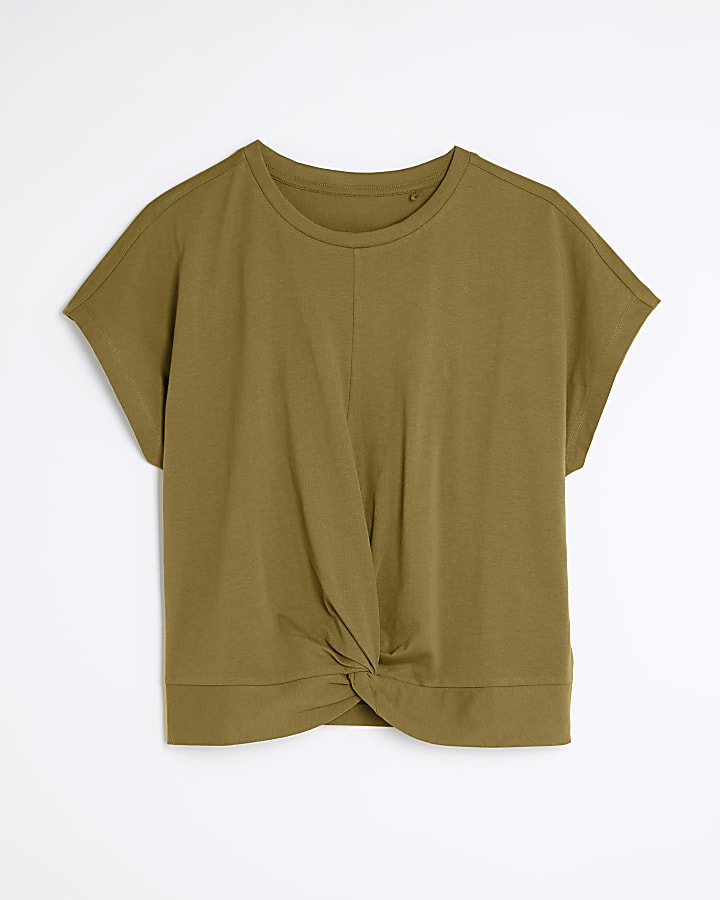 Khaki Short Sleeve Twist Front T-shirt