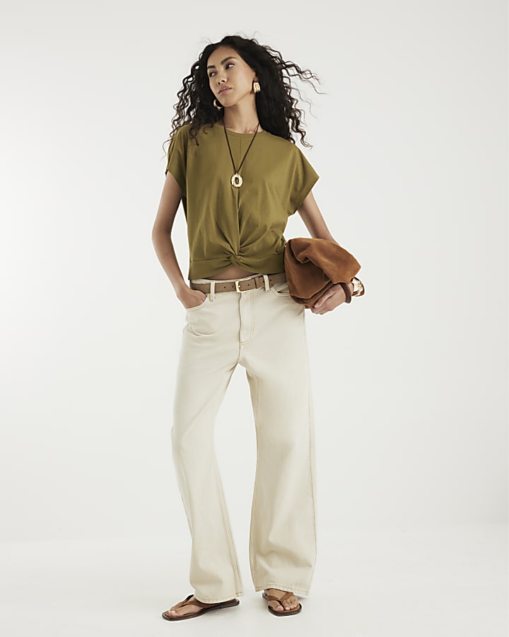 Khaki Short Sleeve Twist Front T-shirt