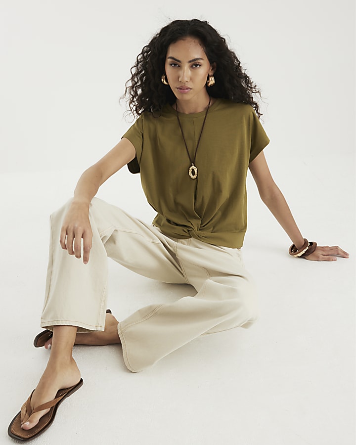 Khaki Short Sleeve Twist Front T-shirt