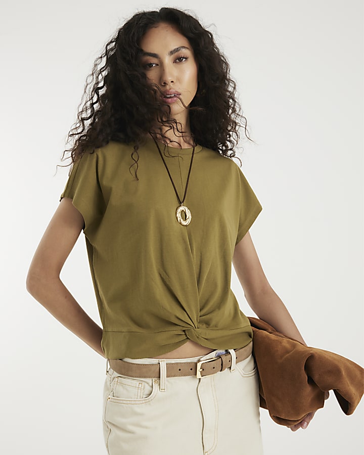 Khaki Short Sleeve Twist Front T-shirt