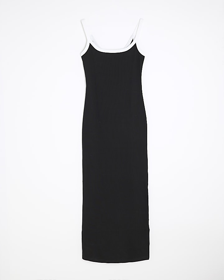 Black Sleeveless Ribbed Cami Midi Dress