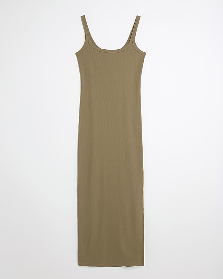 Khaki Sleeveless Ribbed Cami Midi Dress